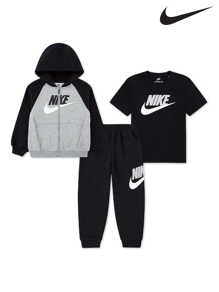 Nike Black Little Kids Zip Through Joggers and T-Shirts 3 Piece Set (F16775) | £58