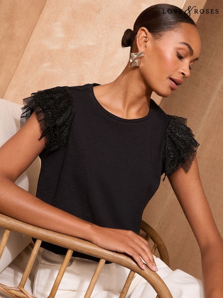 Love & Roses Black Mesh Frill Sleeve Jersey T-Shirt (F17042) | £24