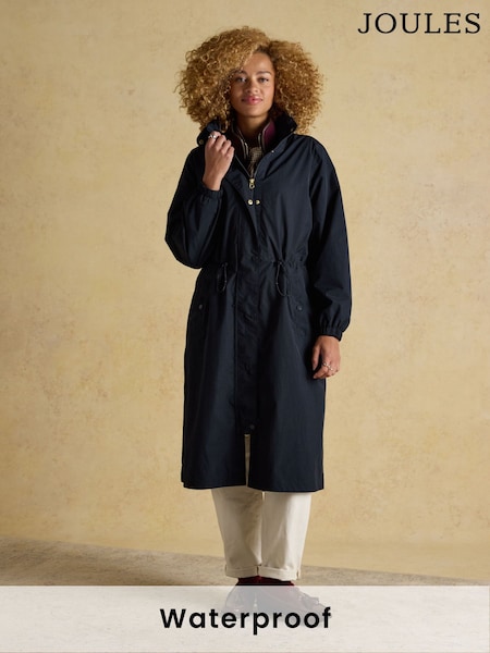 Joules Hensley Navy Longline Waterproof Coat with Packable Hood (F17252) | £99