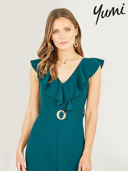 Yumi Green Jumpsuit With Gold Buckle and Frill Detail (F17277) | £55