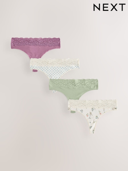 Green Ditsy Floral Thong Lace Knickers 4 Pack (F17452) | £15