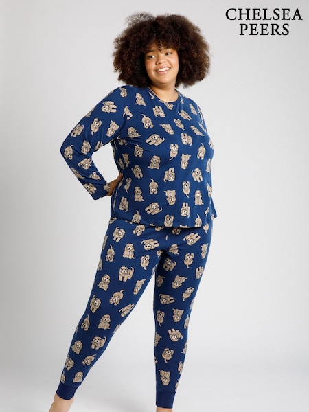 Chelsea Peers Blue Curve Cockapoo Print Crewneck Long Pyjama Set (F17527) | £38