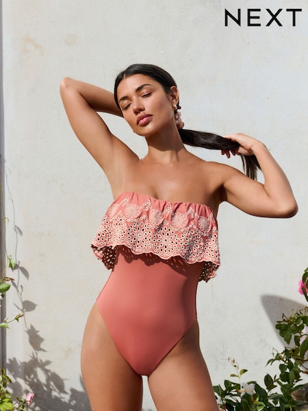 Rose Pink Bandeau Embriodered Frill Tummy Shaping Control Swimsuit (F17657) | £59
