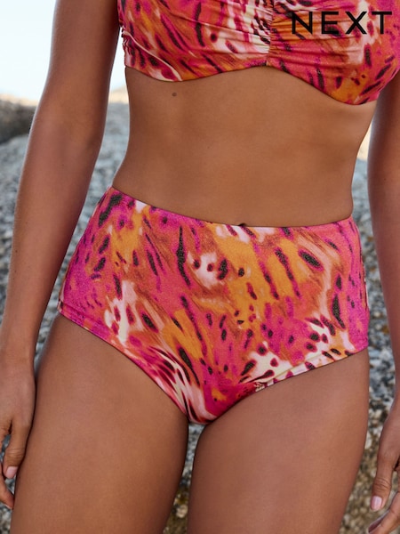 Pink/Orange Metallic Leopard Print High Waist Print Bikini Bottoms (F17688) | £18