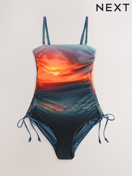 Blue/Orange Sunset Bandeau Ruched Leg Tummy Control Shaping Swimsuit (F17692) | £46