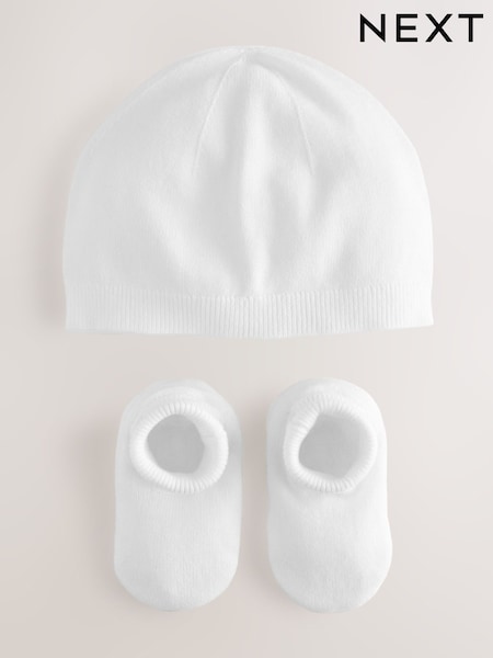White Baby 100% Cottton Knitted Hat and Bootie 2 Piece Set (0-9mths) (F17715) | £14