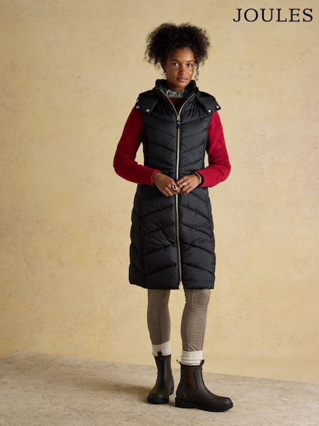 Joules Pembury Gilet Black Longline Showerproof Padded Gilet (F17731) | £99