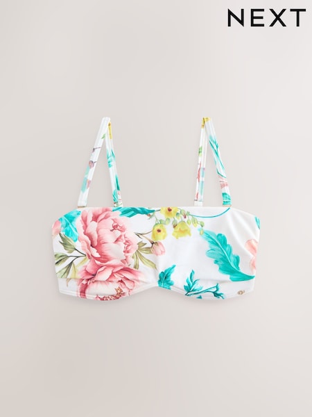 White Floral High Shine DD+ Non Pad Minimise Bandeau Bikini Top (F17734) | £30