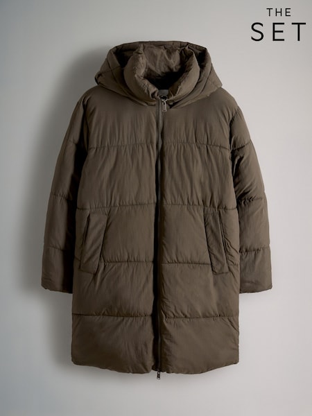 The Set Dark Khaki Hooded Longline Padded Midi Coat (F17754) | £42