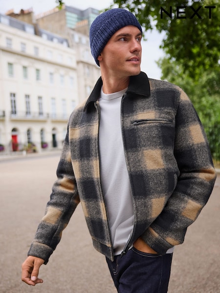 Navy Blue/ Tan Cord Collar Check Worker Jacket With Wool (F17810) | £85
