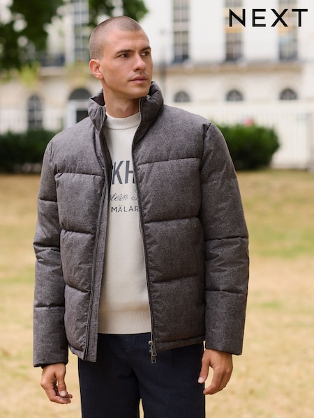 Grey Check Shower Resistant Funnel Puffer Jacket (F17863) | £85