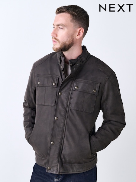 Brown Faux Leather Borg Lined 4 Pocket Biker Jacket (F17892) | £80