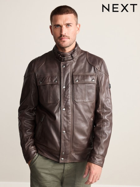 Red Brown Four Pocket Leather Biker Jacket (F17909) | £185