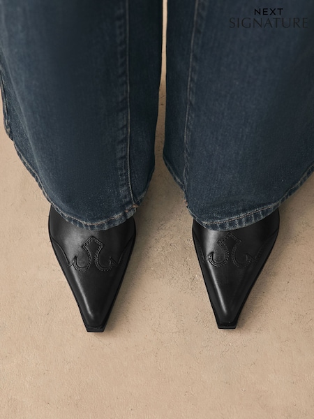 Black Signature Premium Leather Point Toe Block Heel Western Boots (F17933) | £98