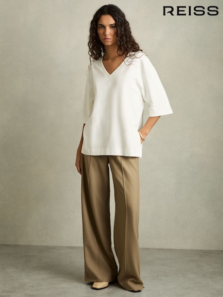 Reiss White Annabel Stretch-Cotton Oversized V-Neck T-Shirt (F18101) | £48