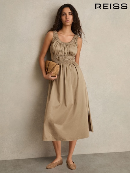 Reiss Khaki Anouk Petite Cotton Craft-Stitch Shirred Midi Dress (F18126) | £158