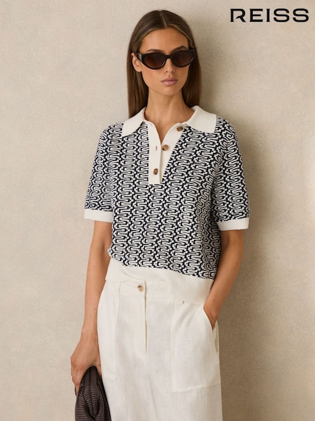 Reiss Blue/Ivory Jem Zig-Zag Knit Polo Shirt (F18133) | £98