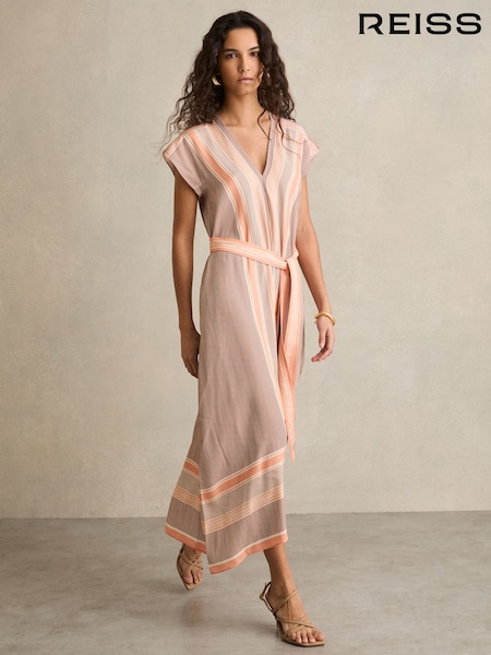Reiss Coral Gina Scarf Print Belted Midi Dress (F18137) | £258