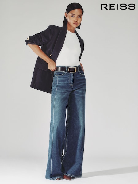 Reiss Mid Blue Heather Stretch-Cotton Wide-Leg Jeans (F18180) | £168