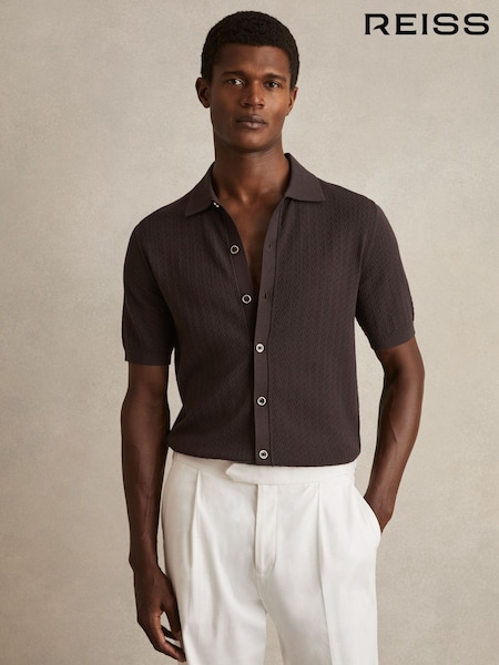 Reiss Chocolate Brown Thames Textured Knit Button-Through Shirt (F18191) | £120