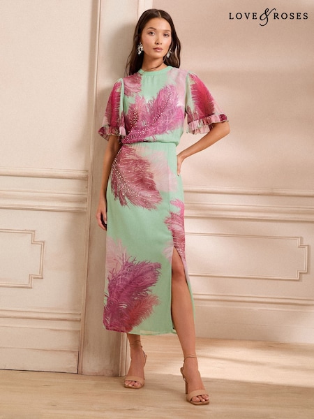 Love & Roses Green Feather Sequin Angel Sleeve Midi Dress (F18292) | £76