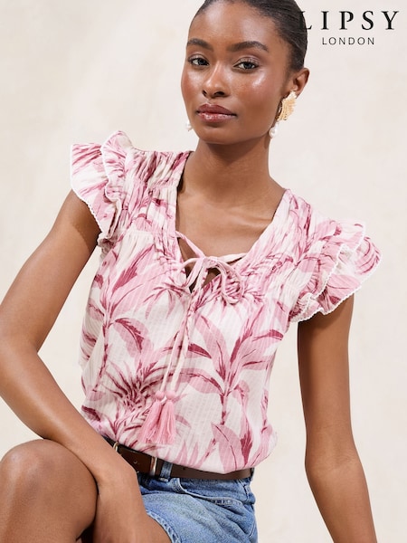 Lipsy Pink Frill Sleeve Keyhole Top (F18324) | £34