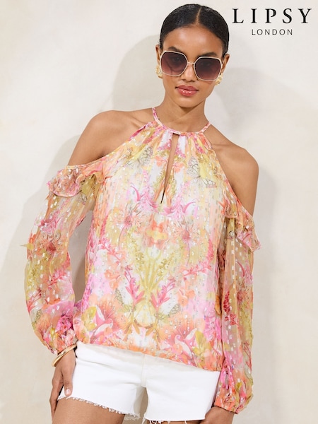 Lipsy Printed Yellow  Lurex Cold Shoulder Top (F18571) | £0