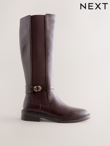 Chocolate Brown Standard/Wide Fit Forever Comfort® Round Toe Buckle Detail Knee High Boots (F18678) | £58