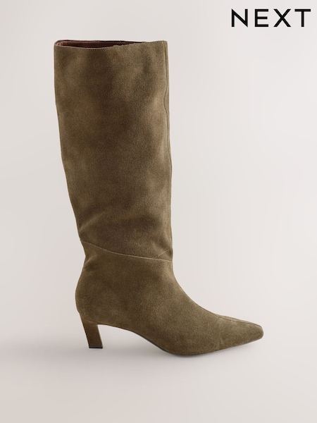 Khaki Green Suede Forever Comfort® Knee High Chisel Toe Heeled Boots (F18683) | £79
