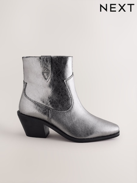Metallic Silver Leather Extra Wide Fit Forever Comfort® Cowboy Block Heel Ankle Boots (F18691) | £59