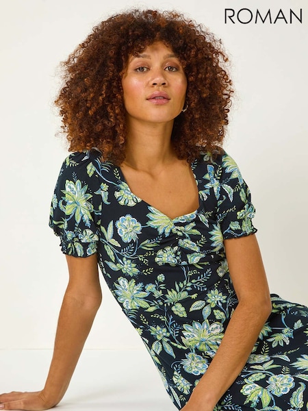 Roman Blue Floral Sweetheart Midi Dress (F18697) | £45