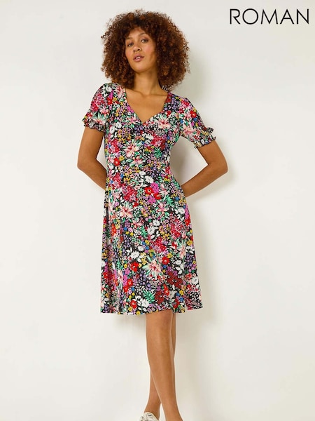 Roman Black Floral Print Ruched Stretch Midi Dress (F18720) | £50