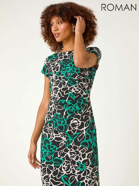 Roman Green Floral Print Side Ruched Dress (F18775) | £48