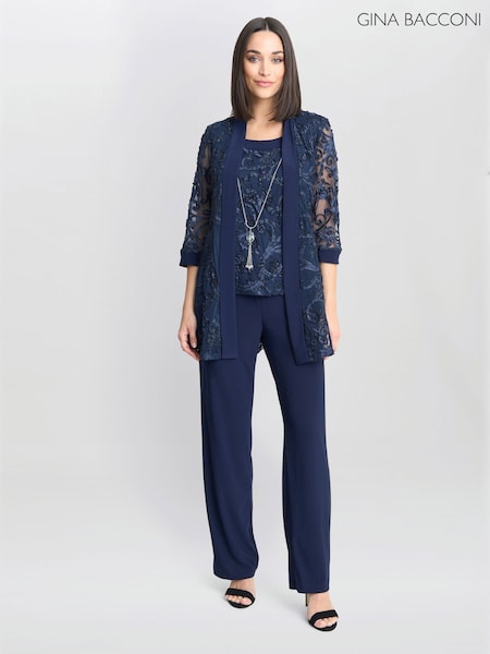 Gina Bacconi Blue Joelle Embroidered Two Piece Trouser Suit With Detachable Necklace (F19318) | £280