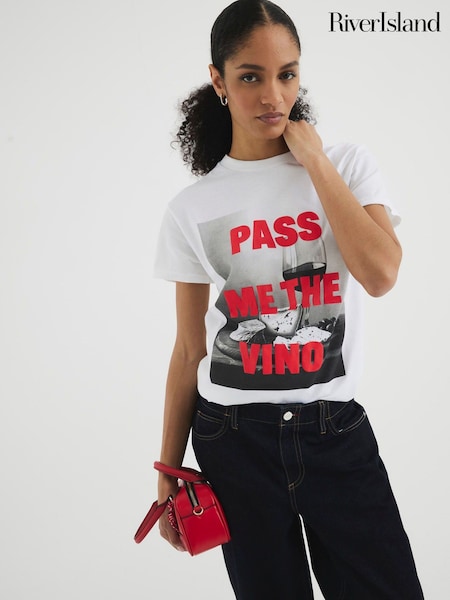 River Island White Pass Me The Vino 100% Cotton T-Shirt (F19349) | £25