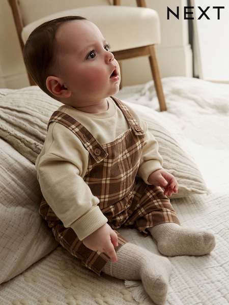 Brown Check Baby Cord Dungaree and Bodysuit Set (0mths-2yrs) (F19503) | £21 - £23