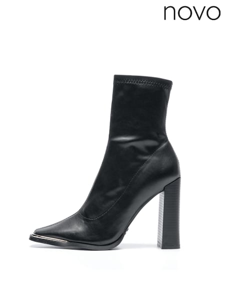 Novo Black Zapcle Metal Toe Detail High Block Heel Sock Boots (F19549) | £38