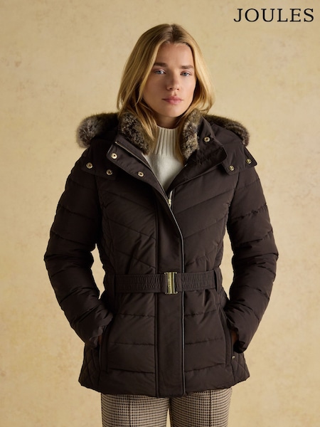 Joules Aspen Brown Showerproof Padded Coat with Faux Fur Hood (F19607) | £169