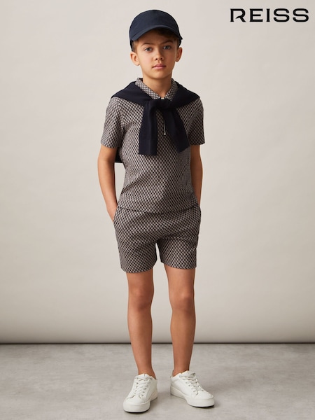 Reiss Navy/Tobacco Brown Ernie 3-9 yrs Cotton Blend Geometric Jacquard Shorts (F19662) | £26