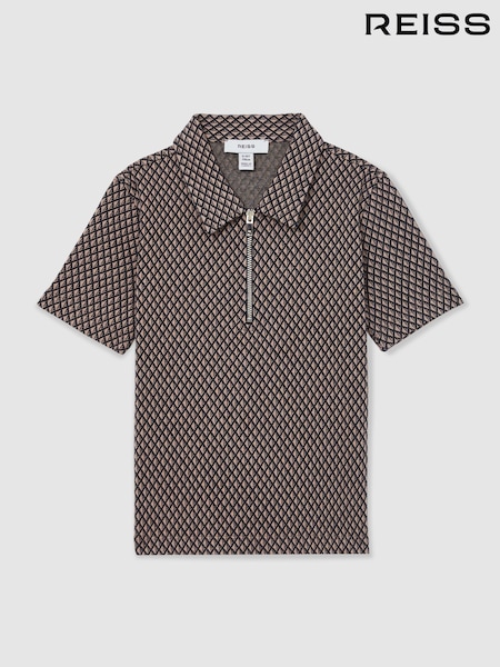 Reiss Tobacco Brown/Navy Baines 13-14 yrs Geometric Jacquard Polo Shirt (F19663) | £38