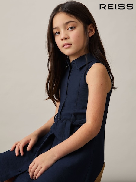 Reiss Blue Morgan Tie-Waist Collared Dress (F19689) | £60