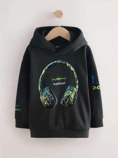 Black Headphones Older Boys Graphic Print Cross-Over Hoodie (3-16yrs) (F19708) | £19 - £24