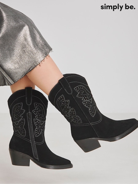 Simply Be Black Wide Fit Laser Pattern Mid Calf Western Boots (F19757) | £75