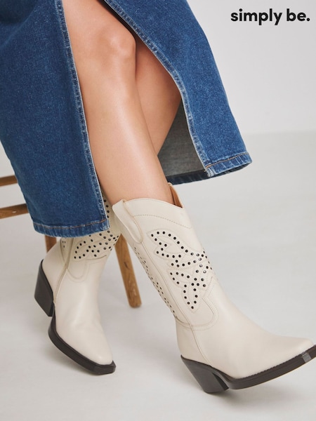 Simply Be Natural Wide Fit Laser Pattern Mid Calf Western Boots (F19766) | £75