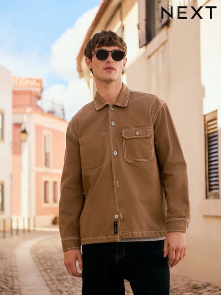 Camel Brown Canvas Shacket Overshirt (F20033) | £0