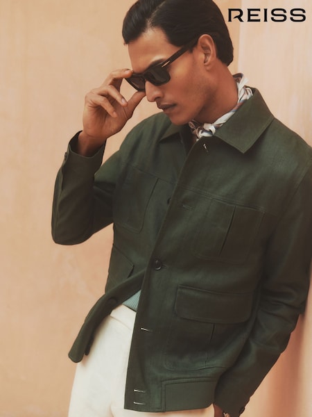 Reiss Khaki Green Adam Linen Four-Pocket Jacket (F20046) | £270