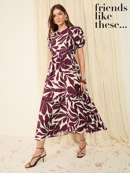 Friends Like These Berry Red Puff Sleeve Tiered Hem Midi Dress (F20056) | £38