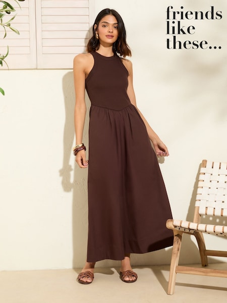Friends Like These Chocolate Brown Mix Drop Waist 2-In-1 Midi Dress (F20063) | £40
