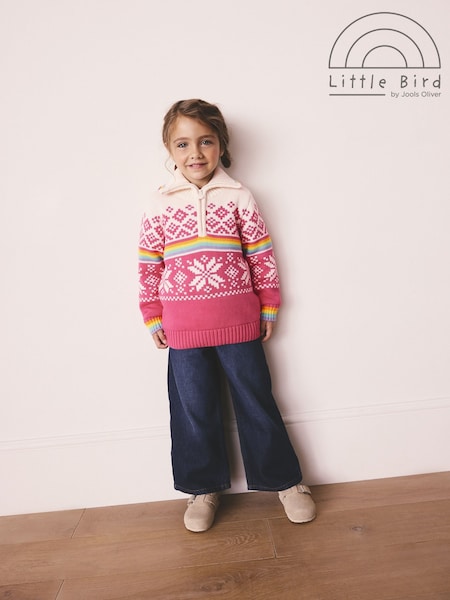 Little Bird by Jools Oliver Pink Kids Bright Fairisle Quarter Zip Knitted Family Christmas Jumper (F20066) | £22 - £28