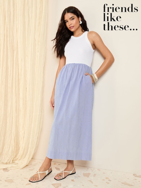 Friends Like These Blue Stripe 2 in 1 Cotton Mix Stripe Midi Dress (F20071) | £39